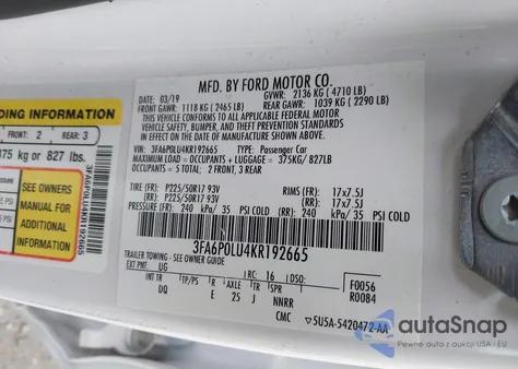2019 Ford Fusion Hybrid Se from USA, damaged, VIN 3FA6P0LU4KR192665